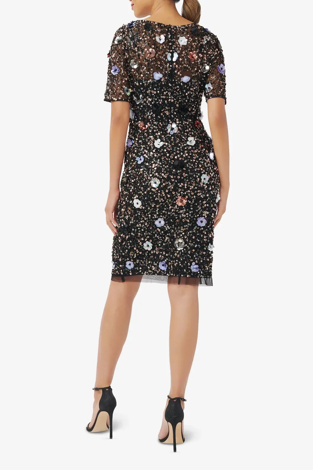 Adrianna Papell Boat Neck Short Sleeves Back Zipper Short Beaded Dress