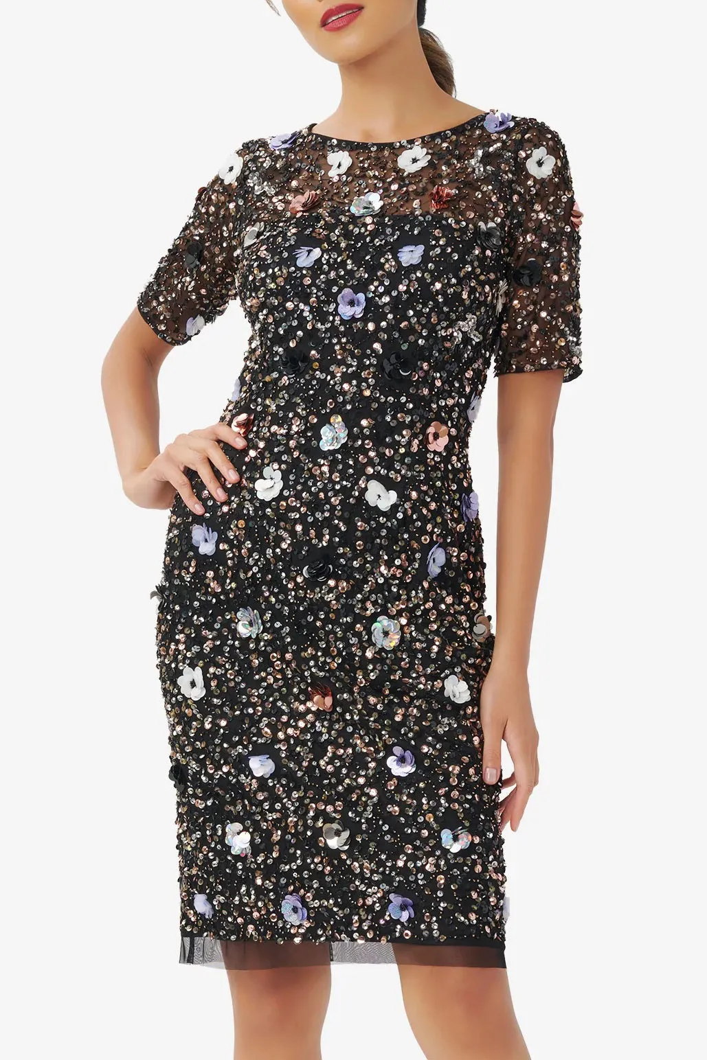 Adrianna Papell Boat Neck Short Sleeves Back Zipper Short Beaded Dress