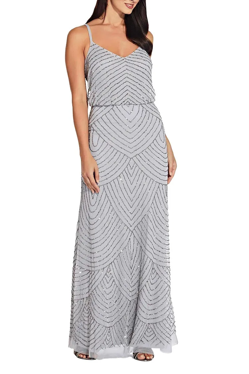 Adrianna Papell Spaghetti Strap V-Neck Blouson Zipper Back Embellished Mesh Dress