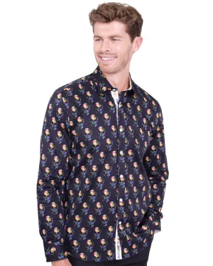 Black Colourful Skull Print Shirt with Matching Handkerchief