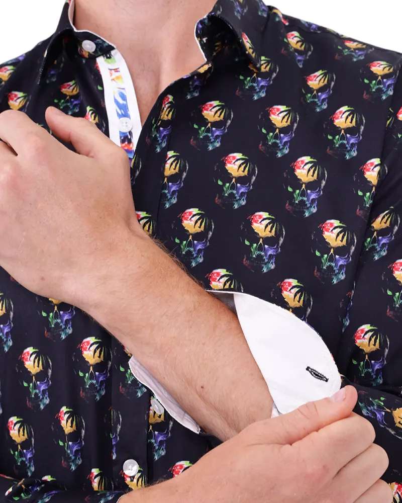 Black Colourful Skull Print Shirt with Matching Handkerchief