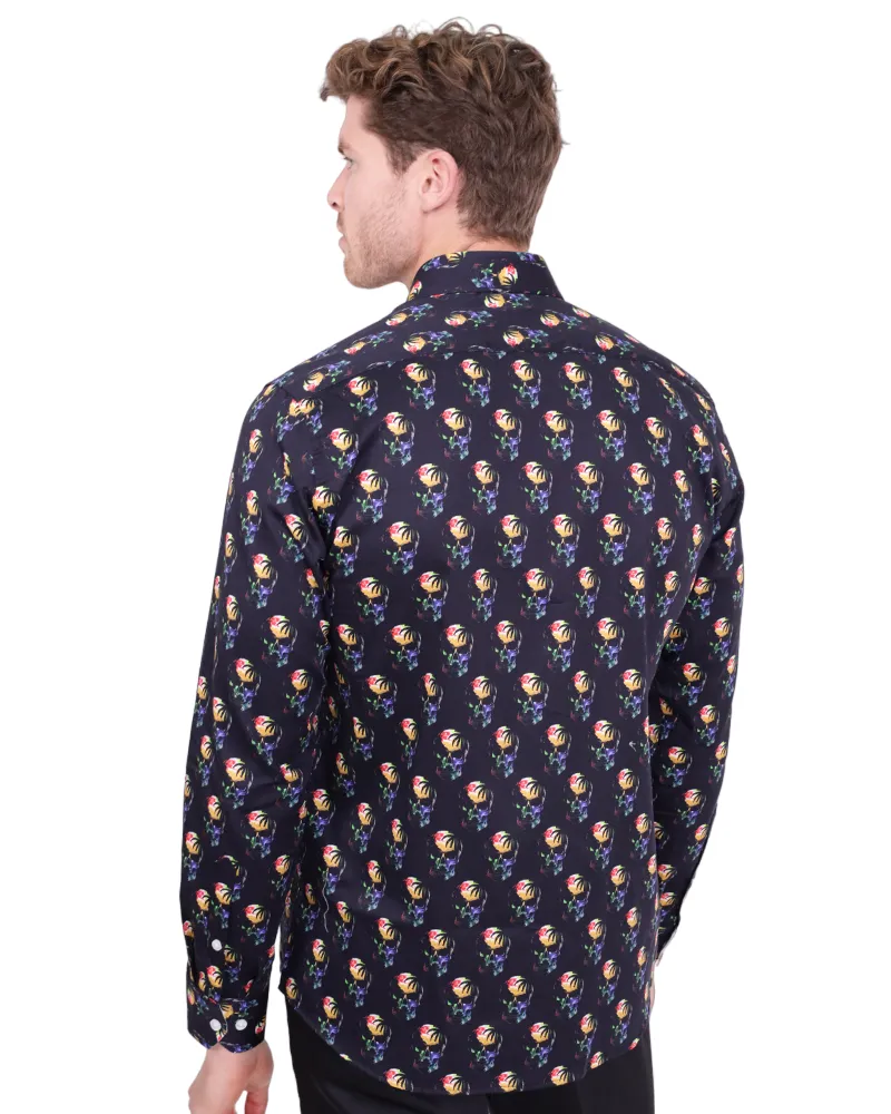 Black Colourful Skull Print Shirt with Matching Handkerchief