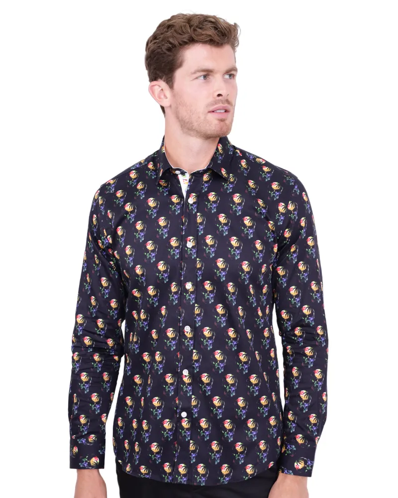 Black Colourful Skull Print Shirt with Matching Handkerchief