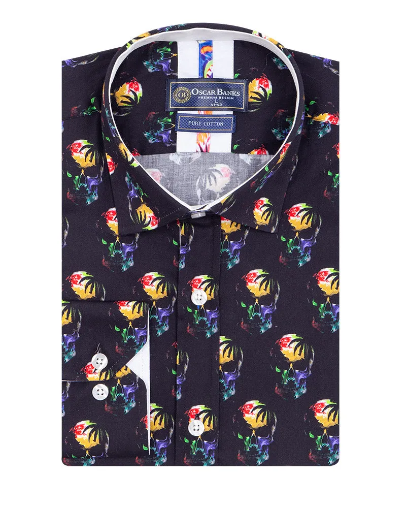 Black Colourful Skull Print Shirt with Matching Handkerchief