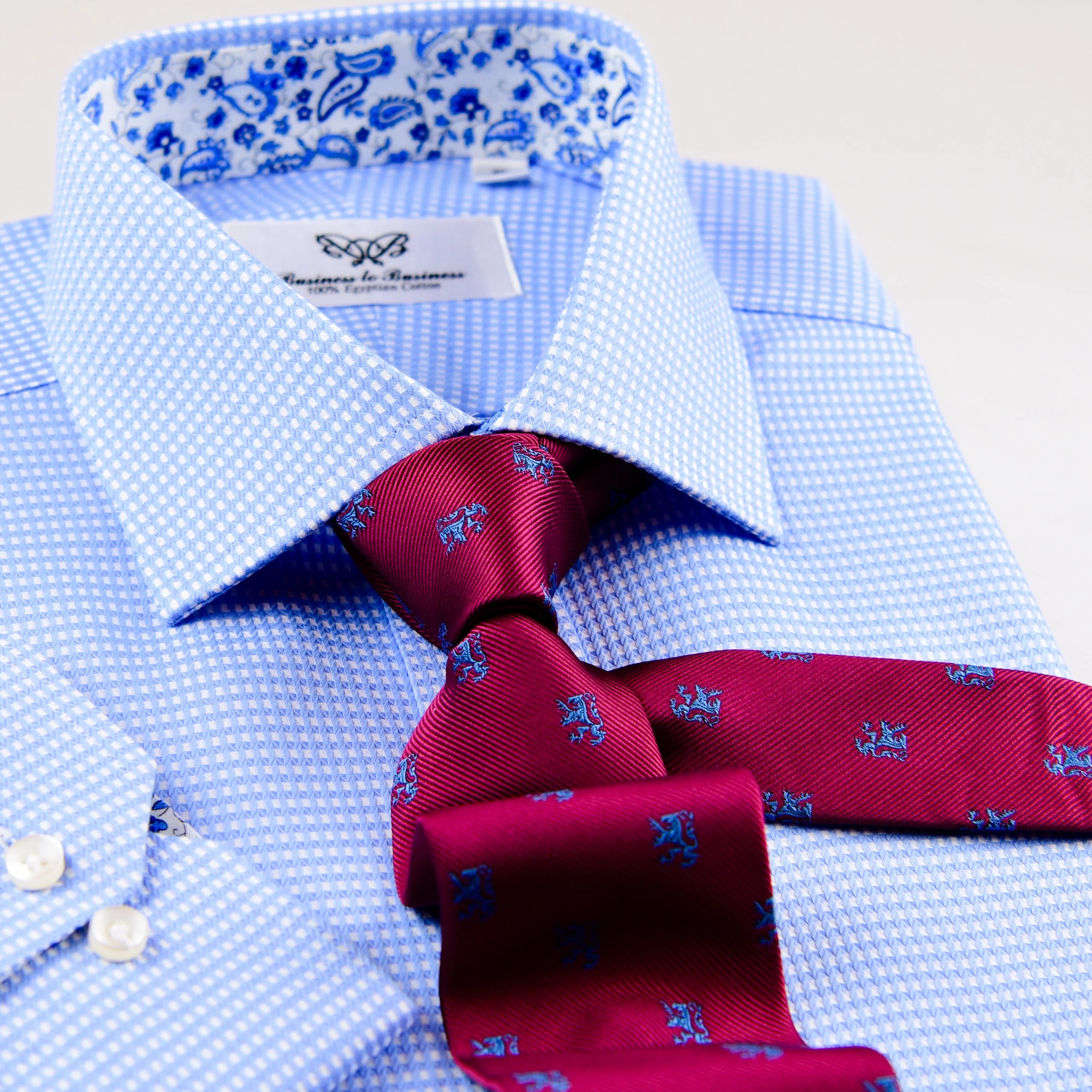 Blue Hound's-tooth Business Dress Shirt Standard Cuff With Floral Inner Lining