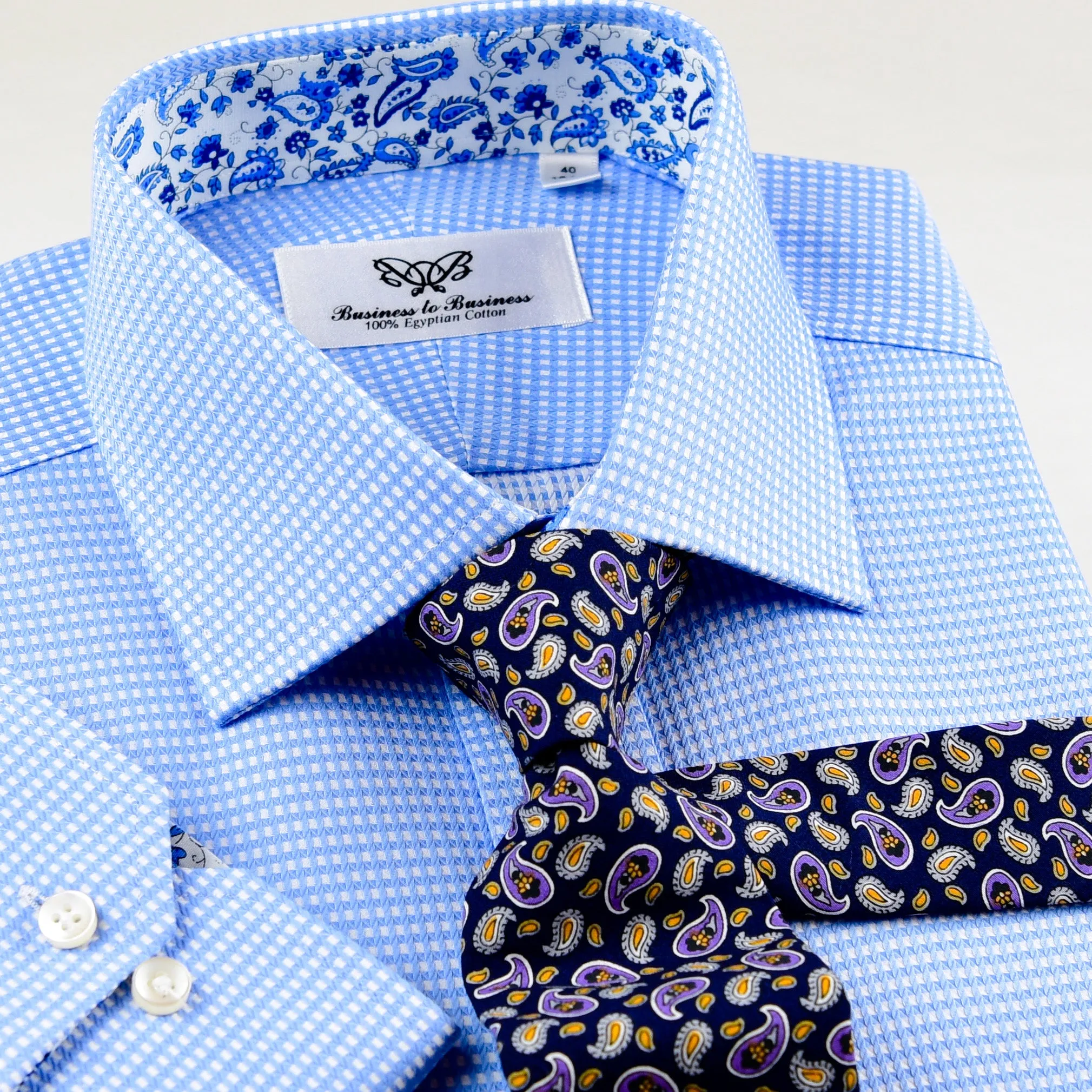 Blue Hound's-tooth Business Dress Shirt Standard Cuff With Floral Inner Lining