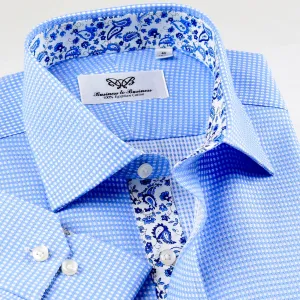Blue Hound's-tooth Business Dress Shirt Standard Cuff With Floral Inner Lining