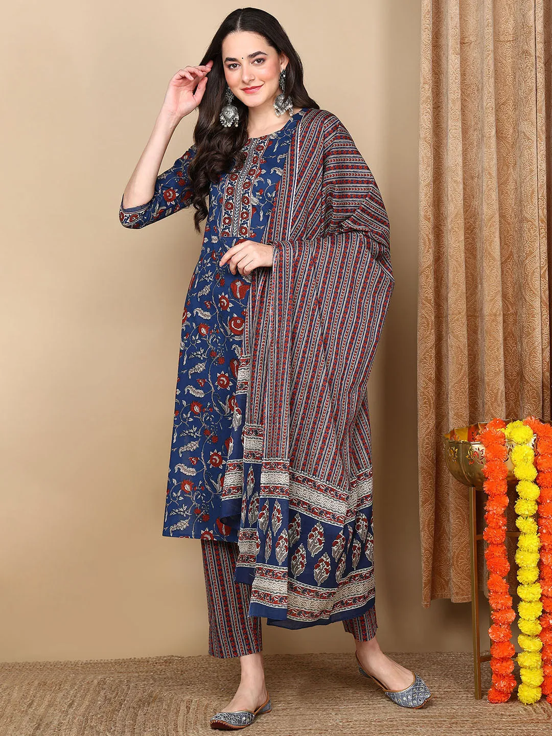 Blue Rayon Blend Floral Printed Kurta Trousers With Dupatta