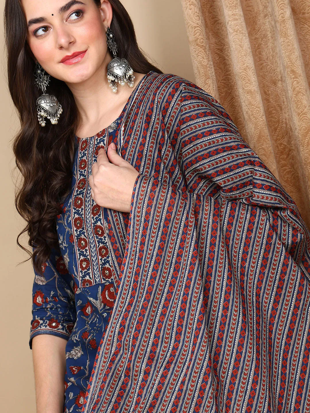 Blue Rayon Blend Floral Printed Kurta Trousers With Dupatta