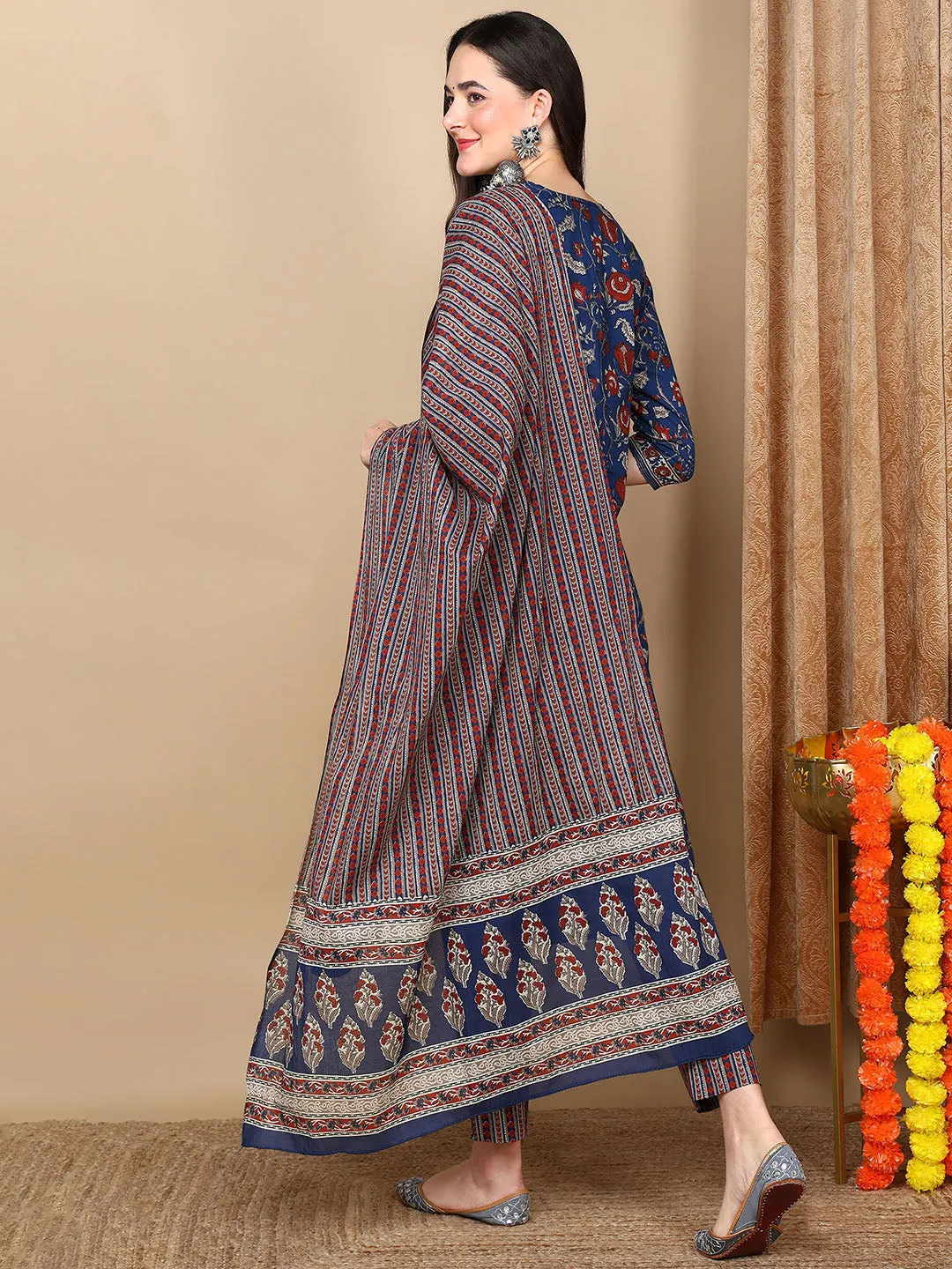 Blue Rayon Blend Floral Printed Kurta Trousers With Dupatta