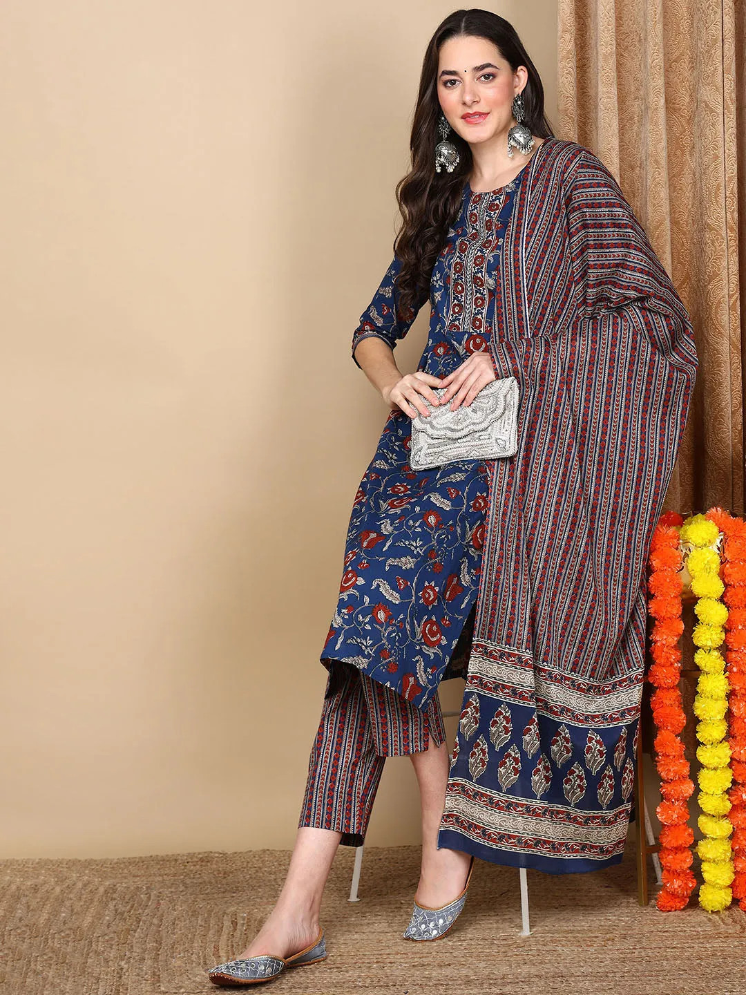 Blue Rayon Blend Floral Printed Kurta Trousers With Dupatta