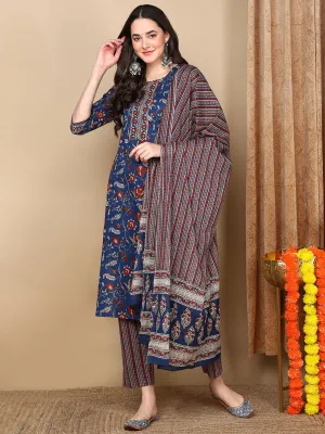 Blue Rayon Blend Floral Printed Kurta Trousers With Dupatta