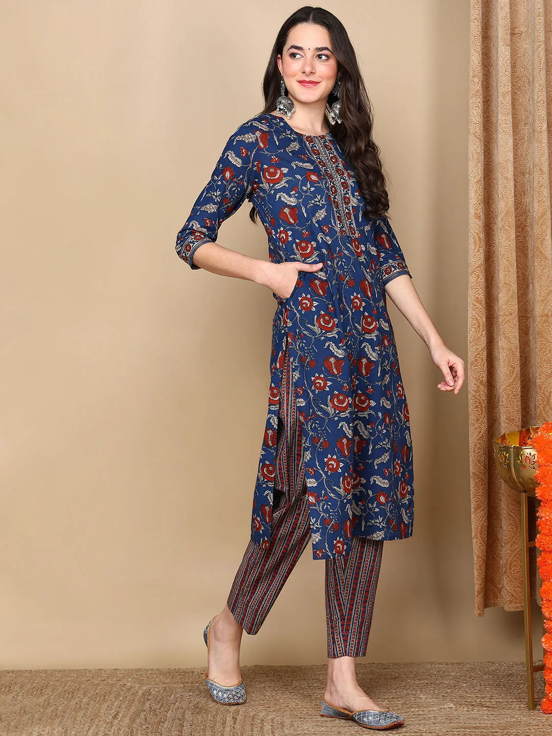 Blue Rayon Blend Floral Printed Kurta Trousers With Dupatta