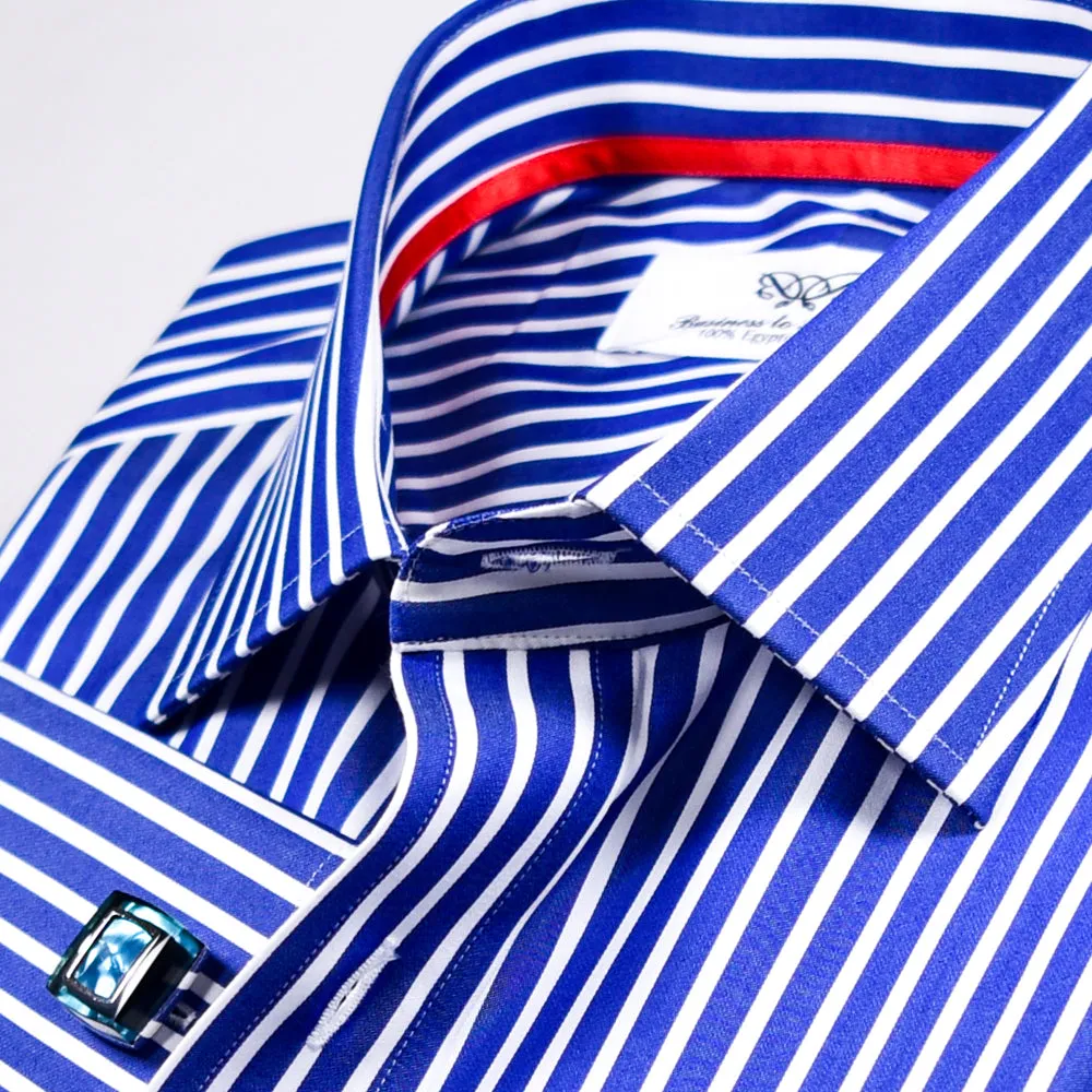 Blue Stripe Formal Business Dress Shirt With Fashion Red Trim Inner-Lining