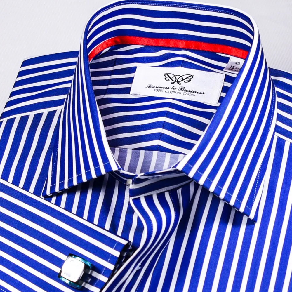 Blue Stripe Formal Business Dress Shirt With Fashion Red Trim Inner-Lining