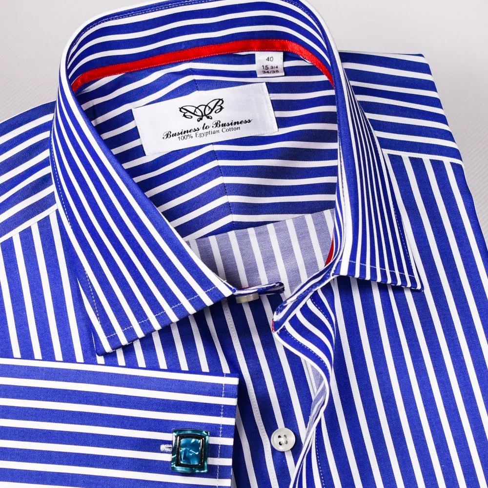 Blue Stripe Formal Business Dress Shirt With Fashion Red Trim Inner-Lining