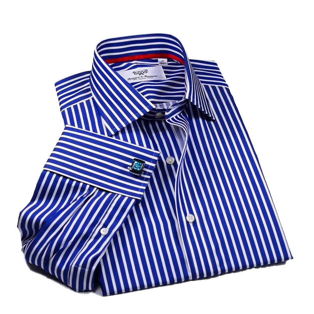 Blue Stripe Formal Business Dress Shirt With Fashion Red Trim Inner-Lining