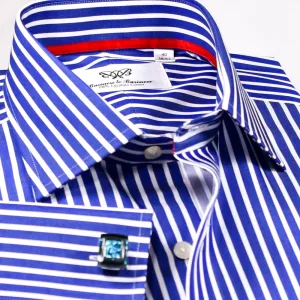 Blue Stripe Formal Business Dress Shirt With Fashion Red Trim Inner-Lining