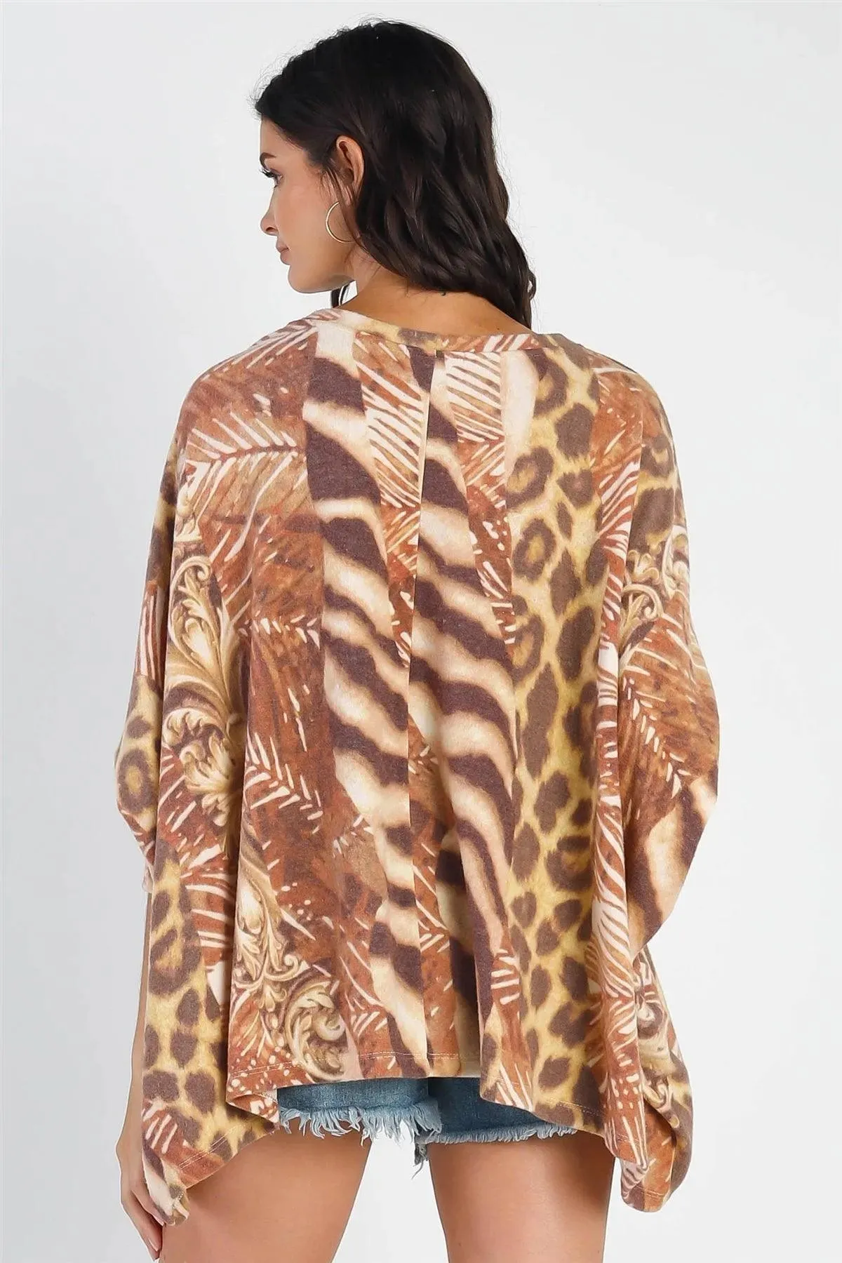 Brown Safari Print Flannel Dolman Midi Sleeve Top