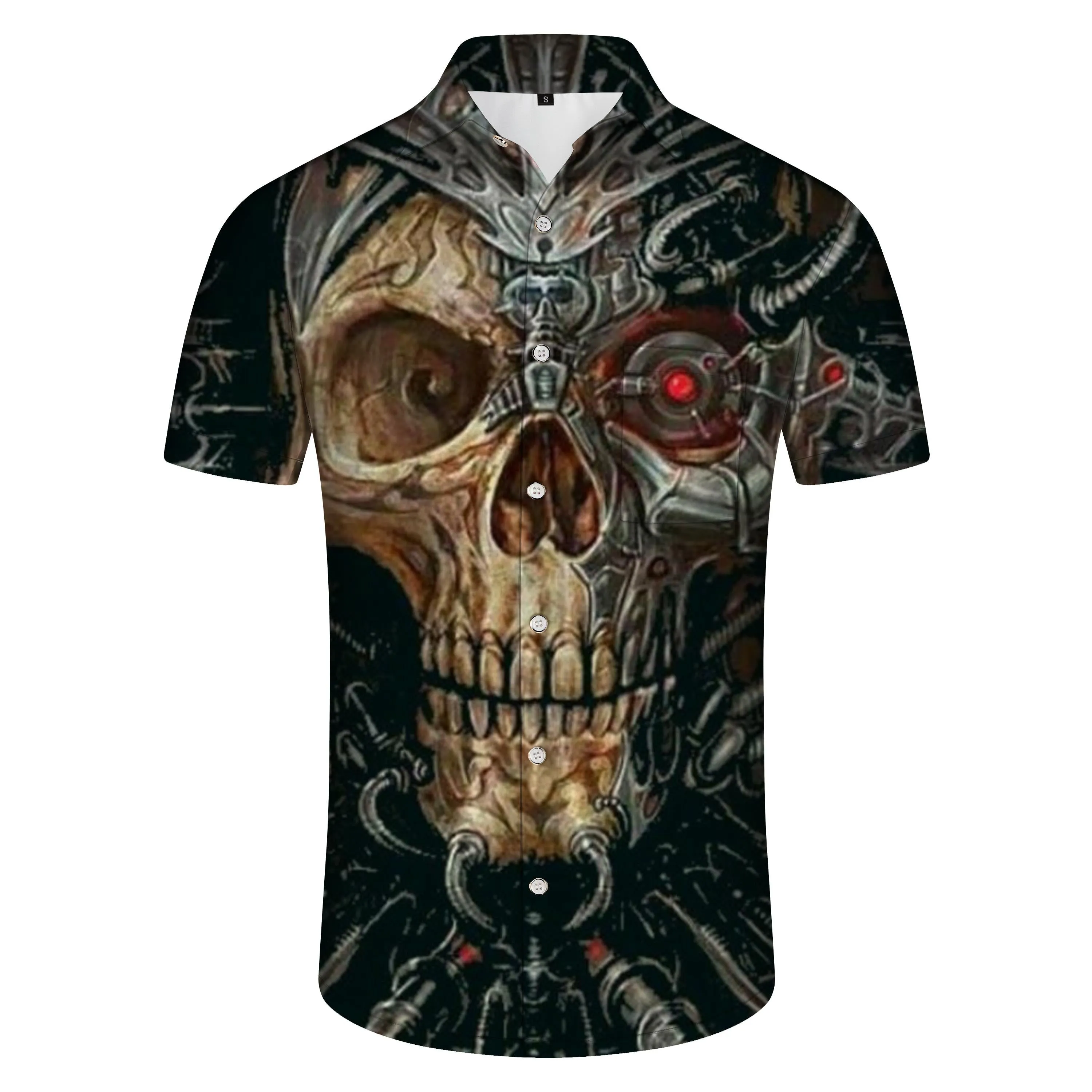 Casual Hawaiian men's button personalized print black skull shirt short sleeve clothing