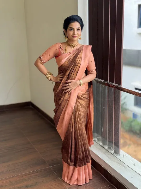 Effervescent Brown Soft Silk Saree With Seraglio Blouse Piece