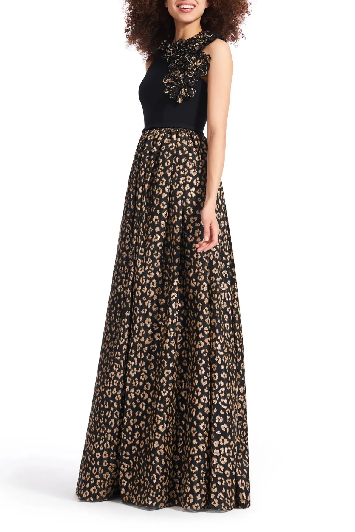 Emily Shalant Crew Neck Sleeveless Floral 3D Detail Back Zipper Long Jacquard Dress
