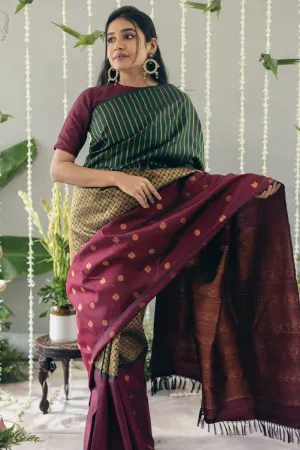 Flattering Wine Soft Silk Saree With Panoply Blouse Piece