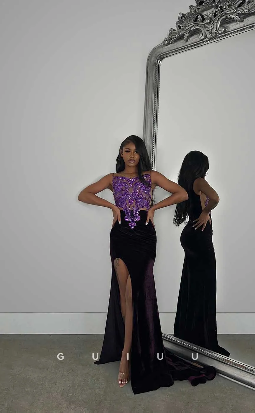 G4426 - Classic Column Sleeveless Velvet Appliques Prom Evening Dress with Slit ang Train for Black Girl Slay
