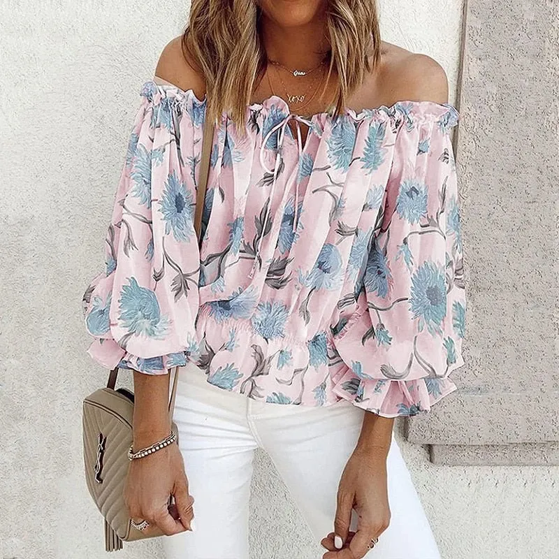 GEFEVOQE Gorgeous Street Style Floral Printed Puff Sleeve Chiffon Blouse