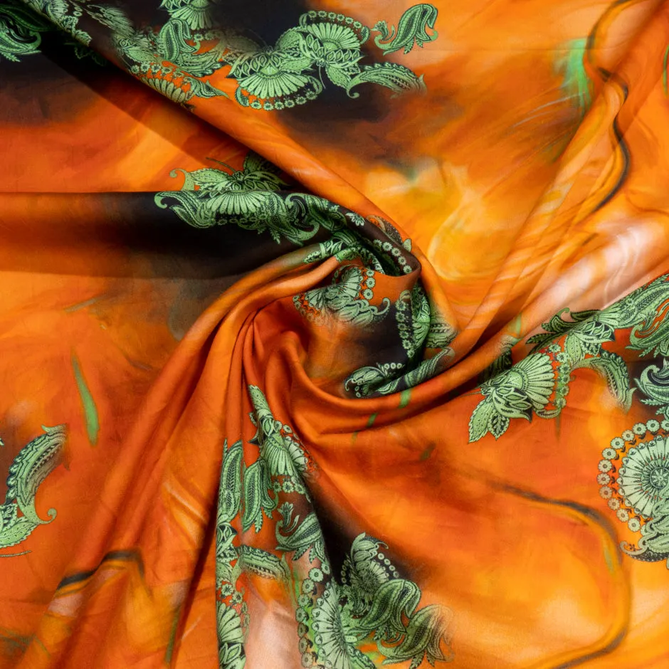 Green Floral Printed Deep Orange Pure Cotton
