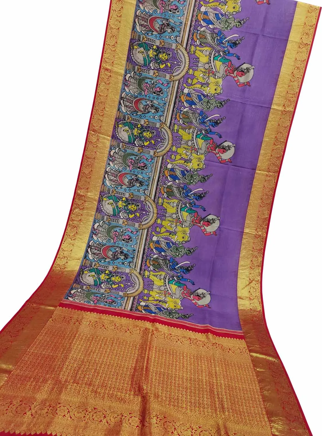 Kalamkari Pure Silk Saree: Multicolor Pen with Kanjeevaram Border