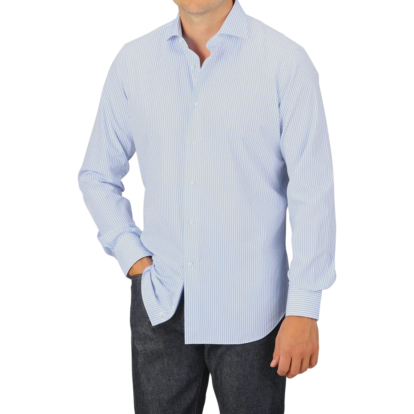 Light Blue Striped Cotton Single Cuff Shirt