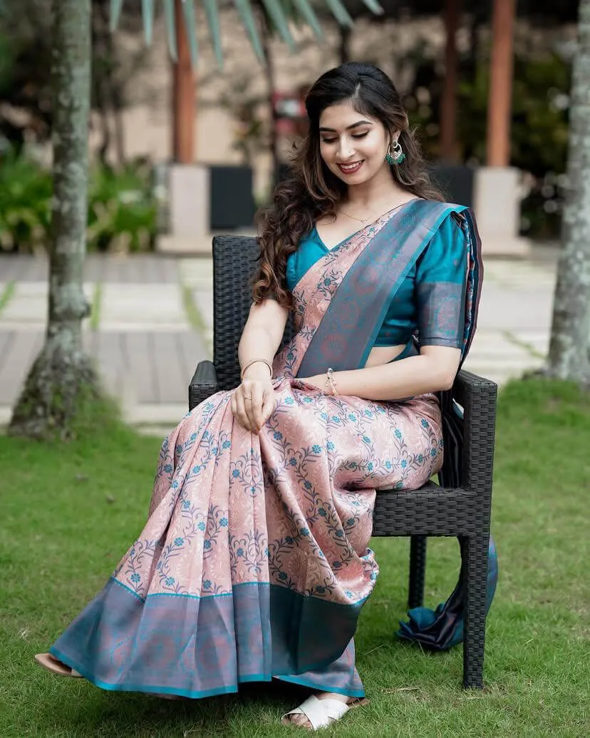 Lovely Peach Soft Silk Saree With Beautiful Blouse Piece