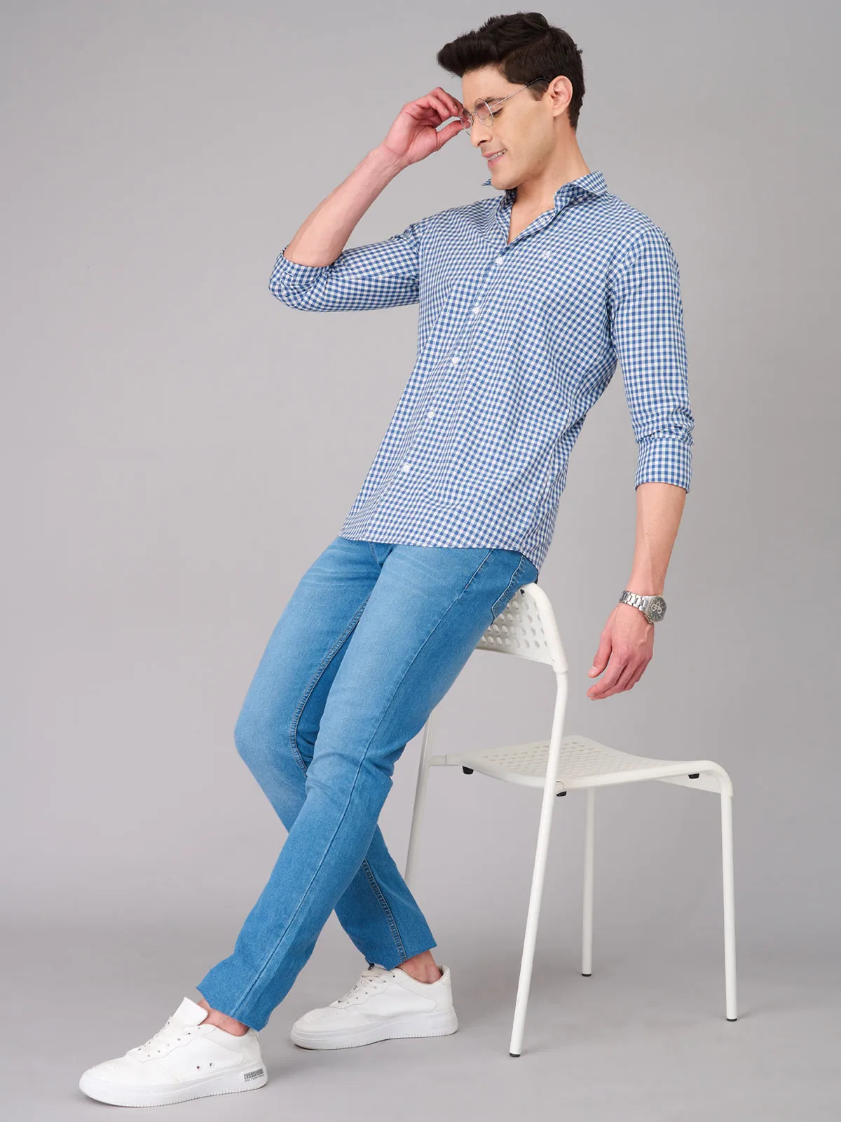 Men Blue and White Checks Shirt (GBMKLS2904)