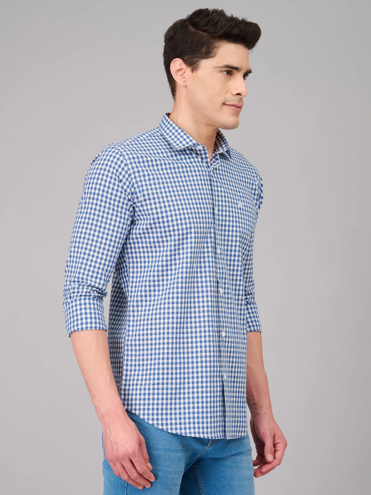 Men Blue and White Checks Shirt (GBMKLS2904)