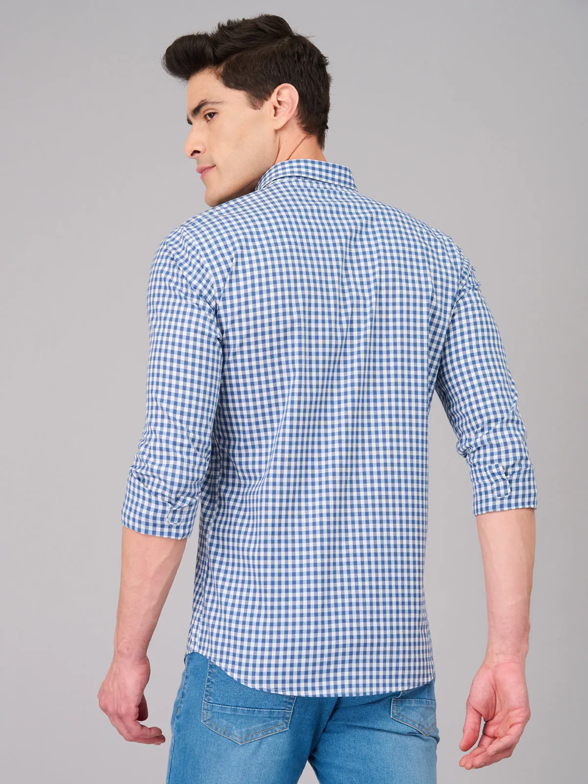 Men Blue and White Checks Shirt (GBMKLS2904)