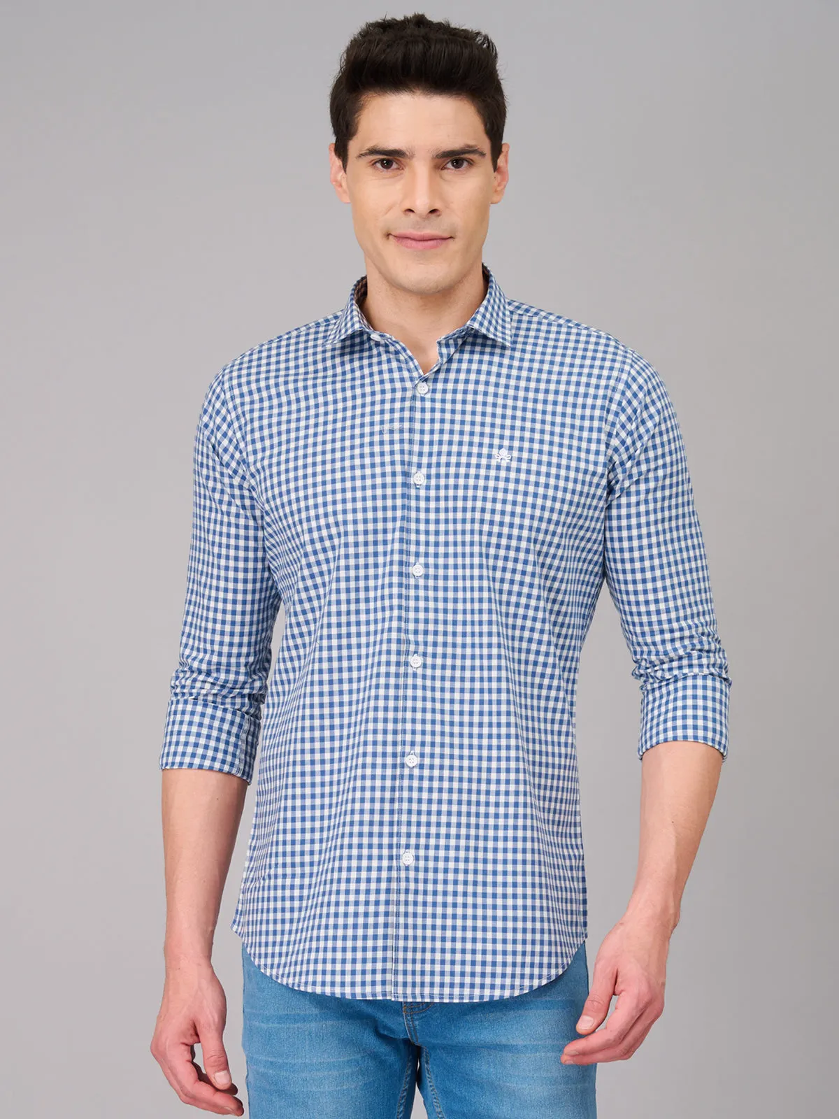 Men Blue and White Checks Shirt (GBMKLS2904)