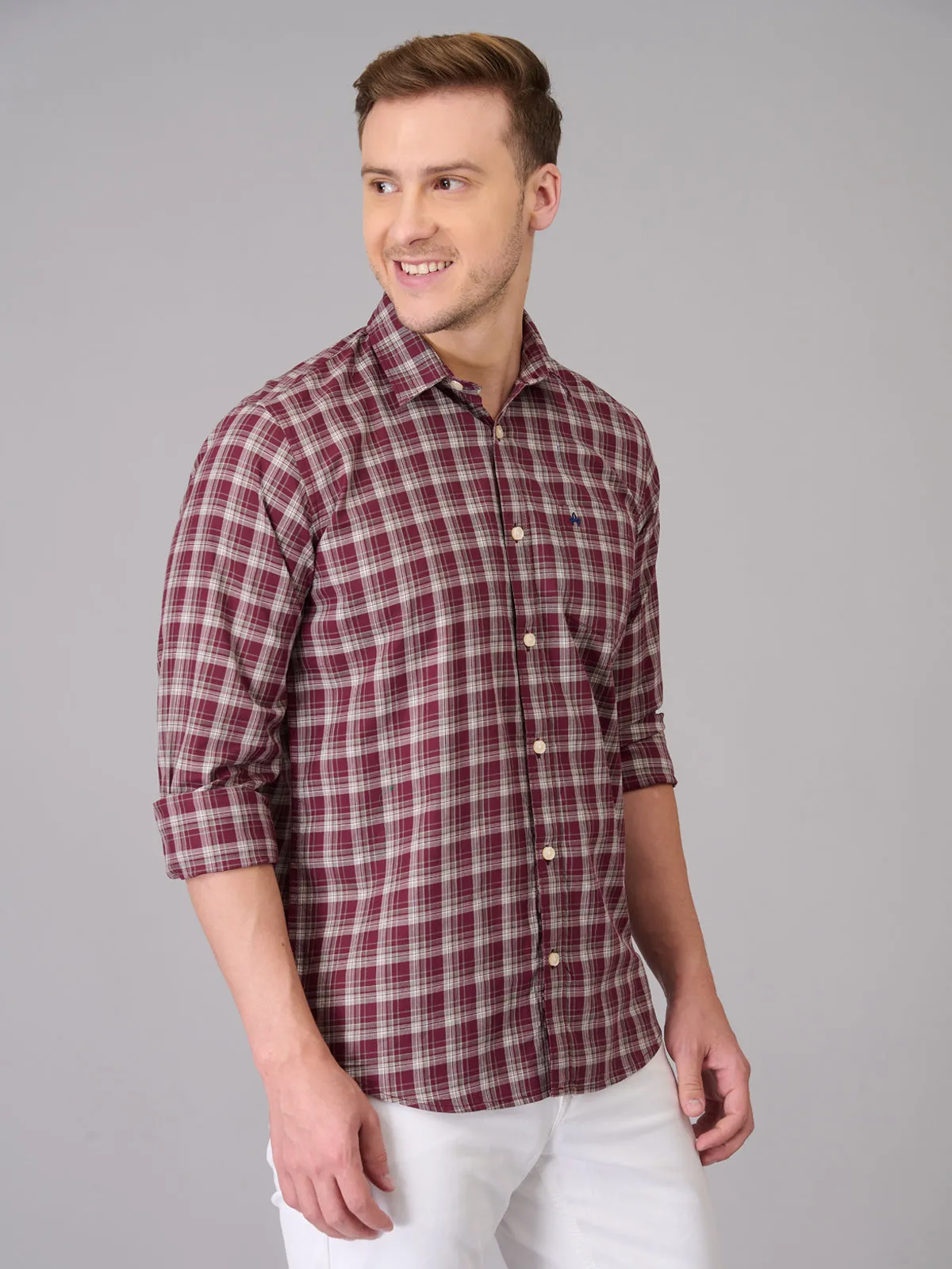 Men Blush Wine Checks Cotton Shirt (GBHM23ED02)