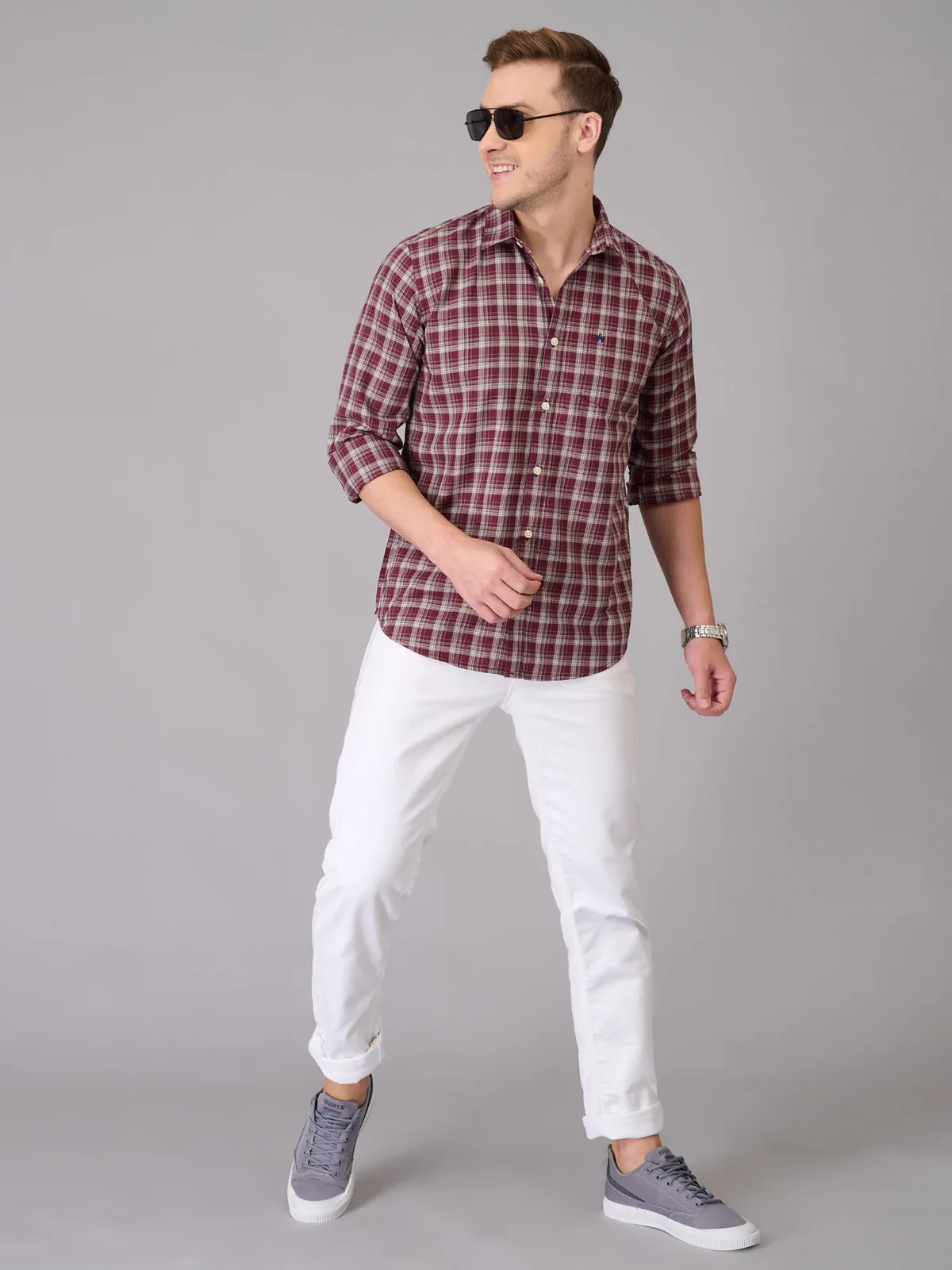 Men Blush Wine Checks Cotton Shirt (GBHM23ED02)