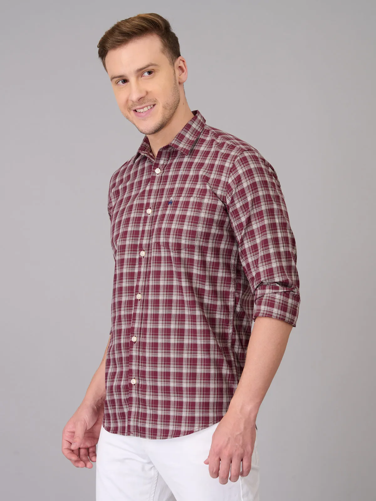 Men Blush Wine Checks Cotton Shirt (GBHM23ED02)