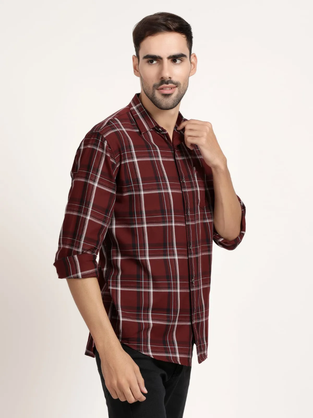 Men Brick Red Checked Casual Shirt (GBHM5031)