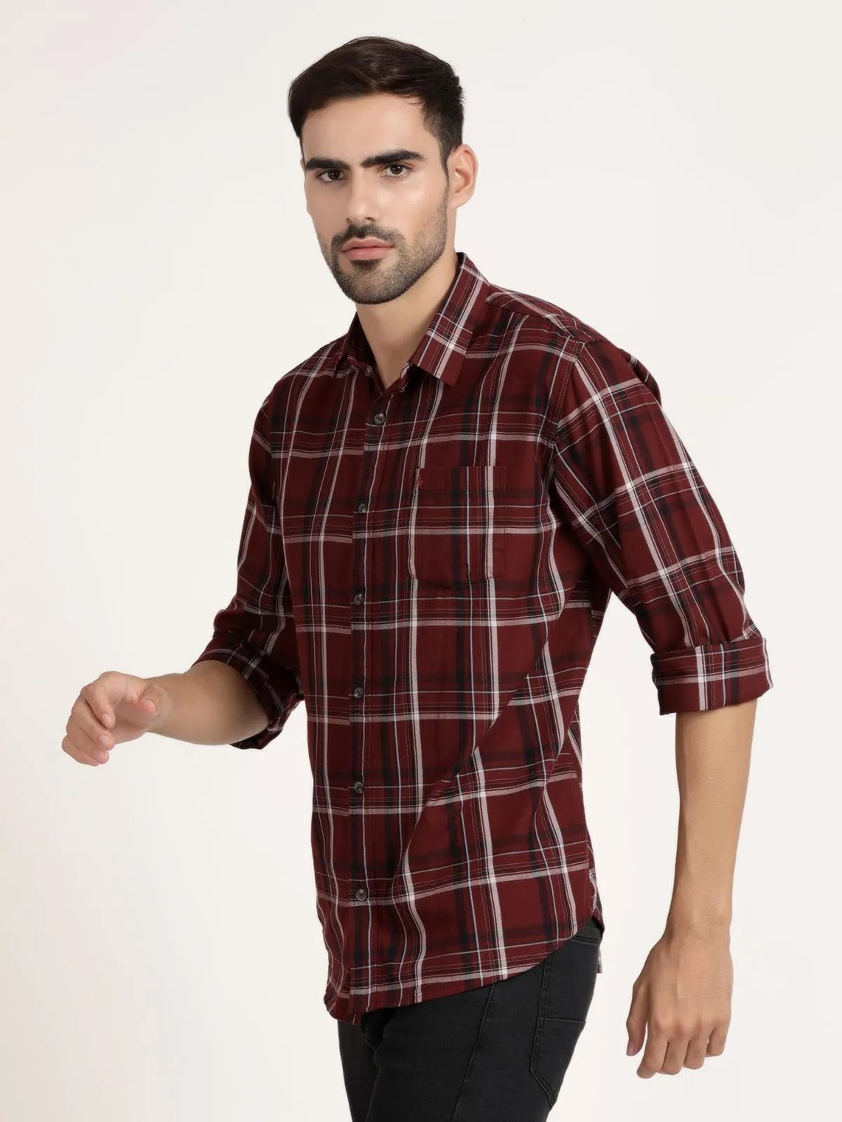 Men Brick Red Checked Casual Shirt (GBHM5031)