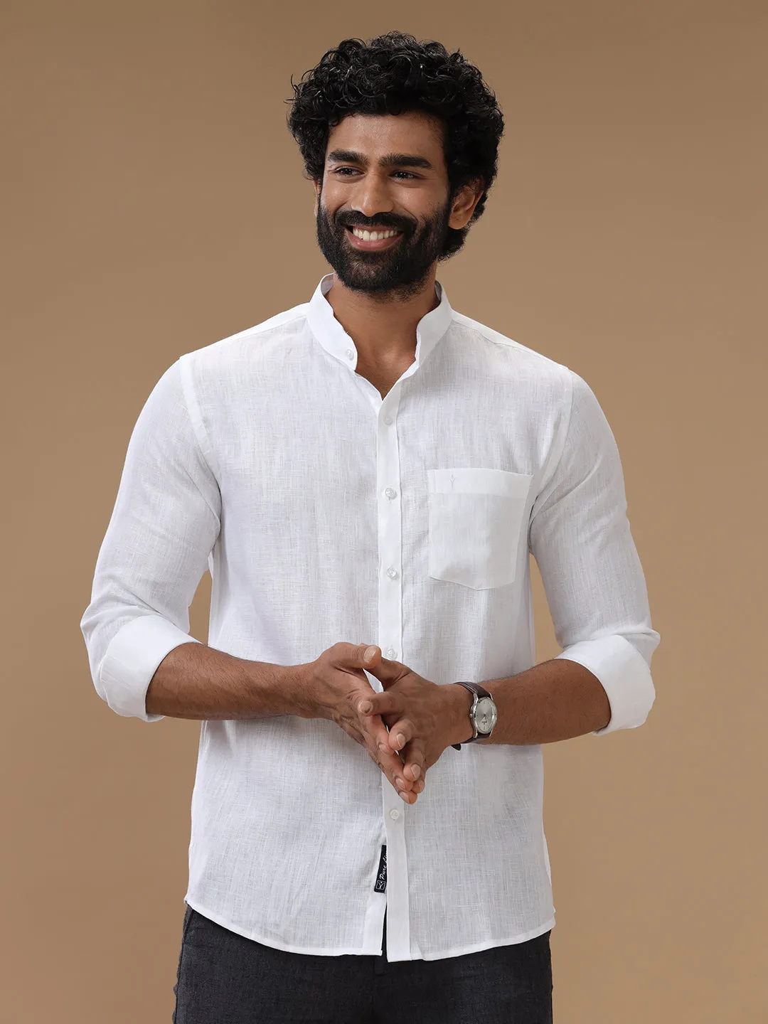 Men Pure Linen Chinese Collar White Shirt 5445