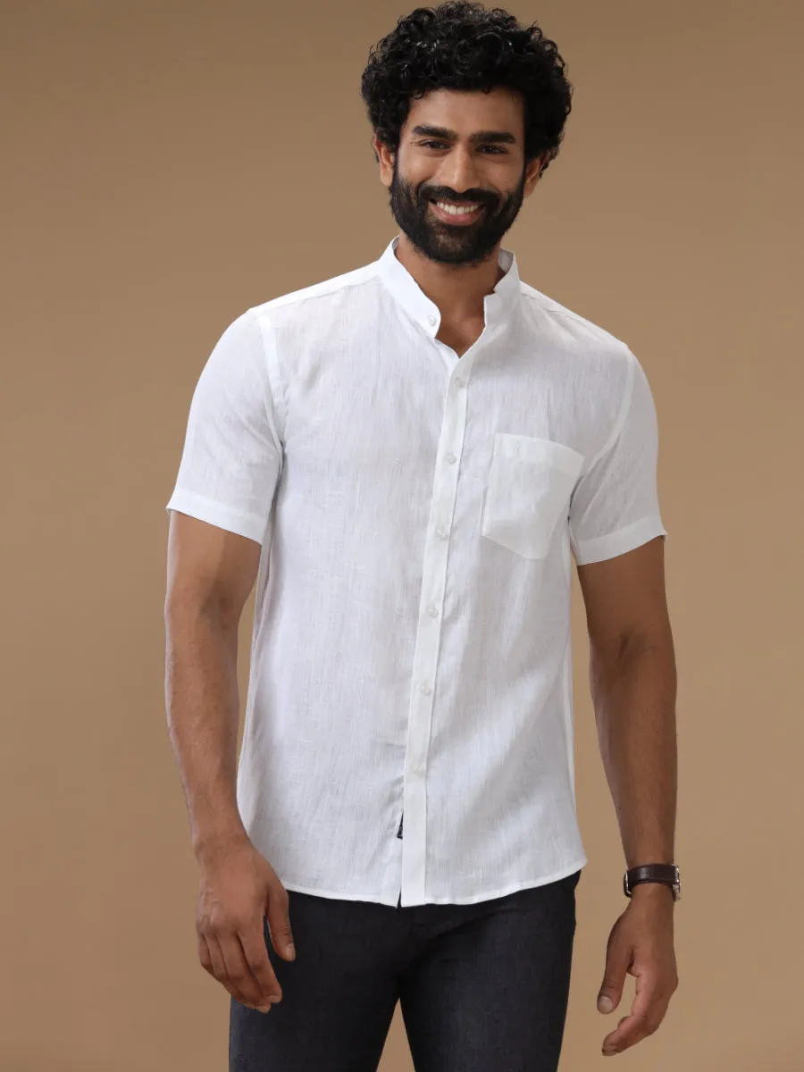 Men Pure Linen Chinese Collar White Shirt 5445