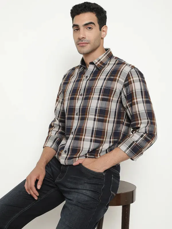 Mettle Men Brown Tartan Checks Opaque Checked Casual Shirt