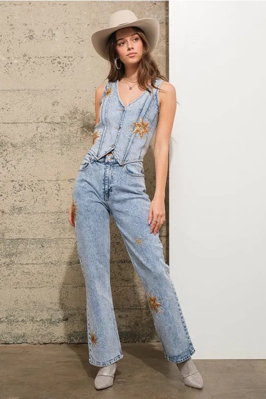 Mid Rise Stretch Denim Jeans  Light Wash Gold