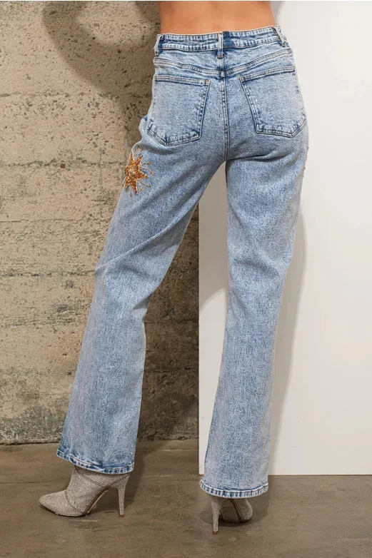 Mid Rise Stretch Denim Jeans  Light Wash Gold
