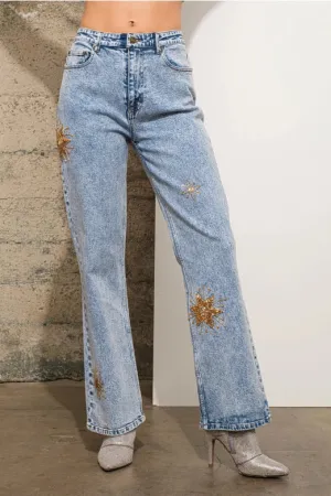Mid Rise Stretch Denim Jeans  Light Wash Gold
