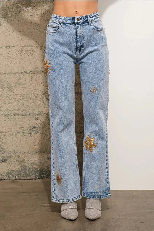 Mid Rise Stretch Denim Jeans  Light Wash Gold
