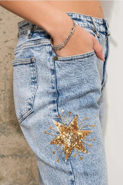 Mid Rise Stretch Denim Jeans  Light Wash Gold